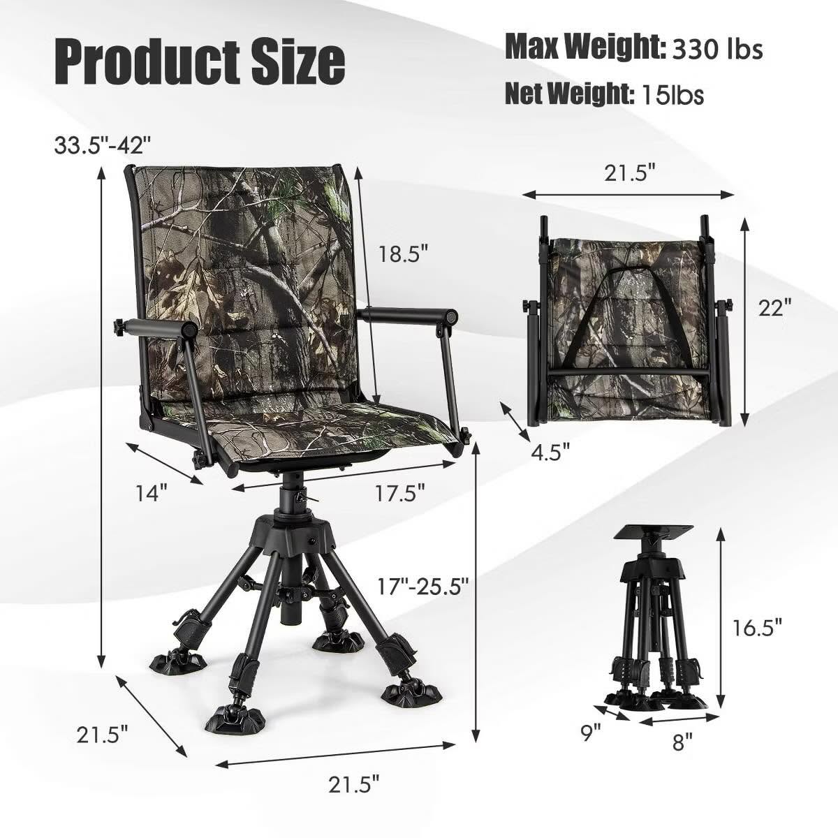 Swivel Hunting Chair with 4 360° Adjustable Legs Folding Silent Swivel Blind Chair Camouflage