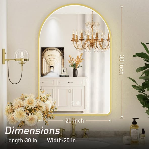 LED Bathroom Mirror with Lights, Arched Lighted Vanity Mirror with Anti-Fog, Temperature, Memory Function,Dimmable