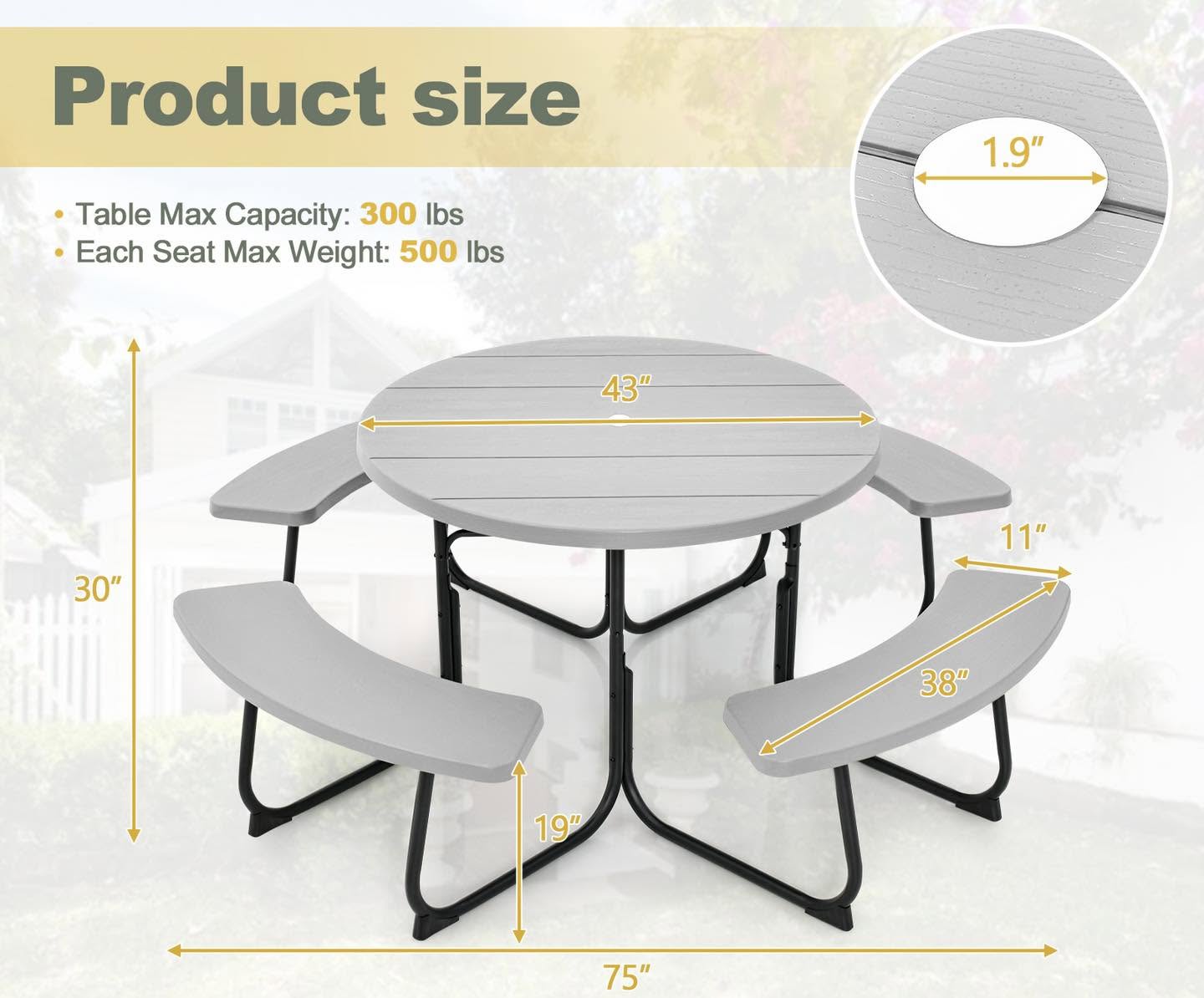 8-Person Outdoor Picnic Table and Bench Set with Umbrella Hole