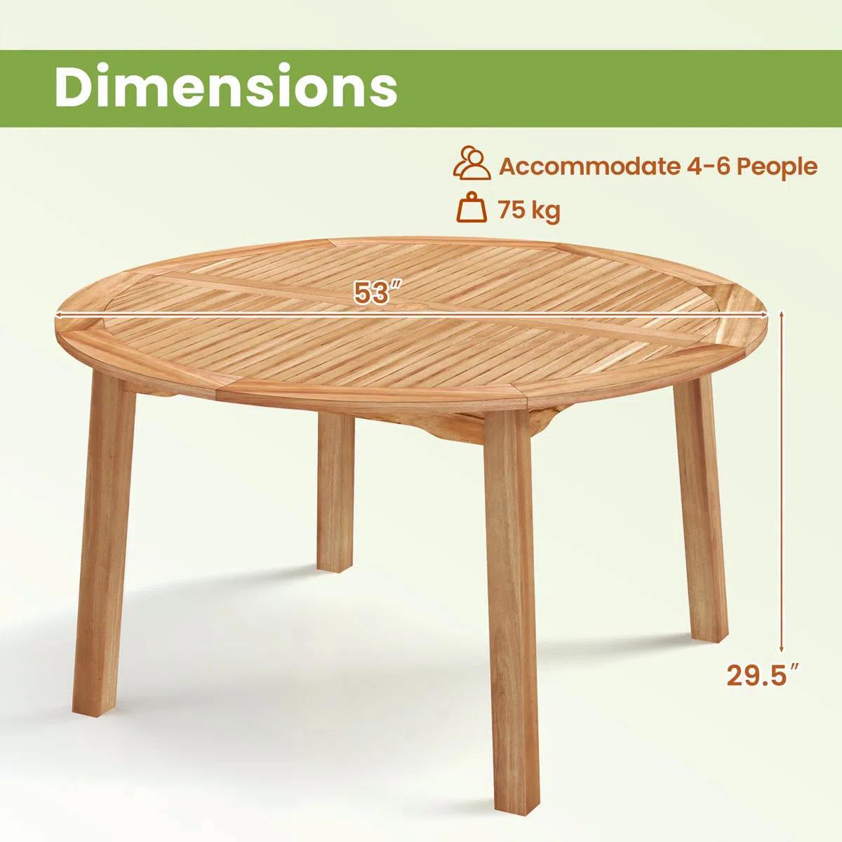 Round Patio Dining Table Acacia Wood Outdoor Dining Table w/ 2'' Umbrella Hole