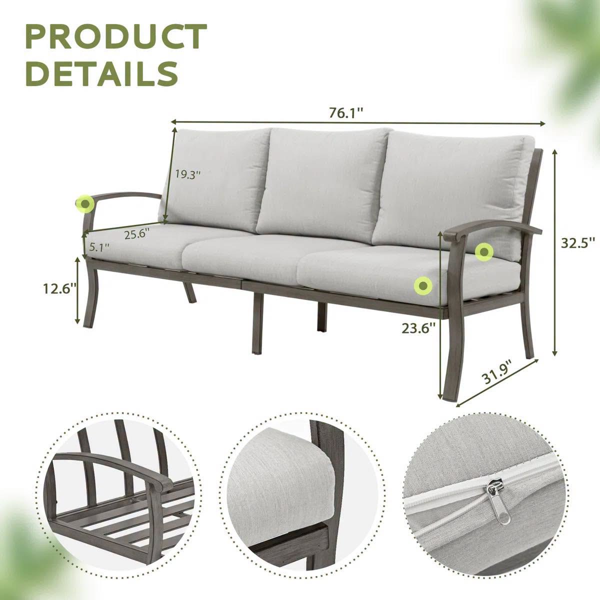 Nettleton Aluminum 3-Seat Outdoor Patio Sofa With Light Gray Cushions