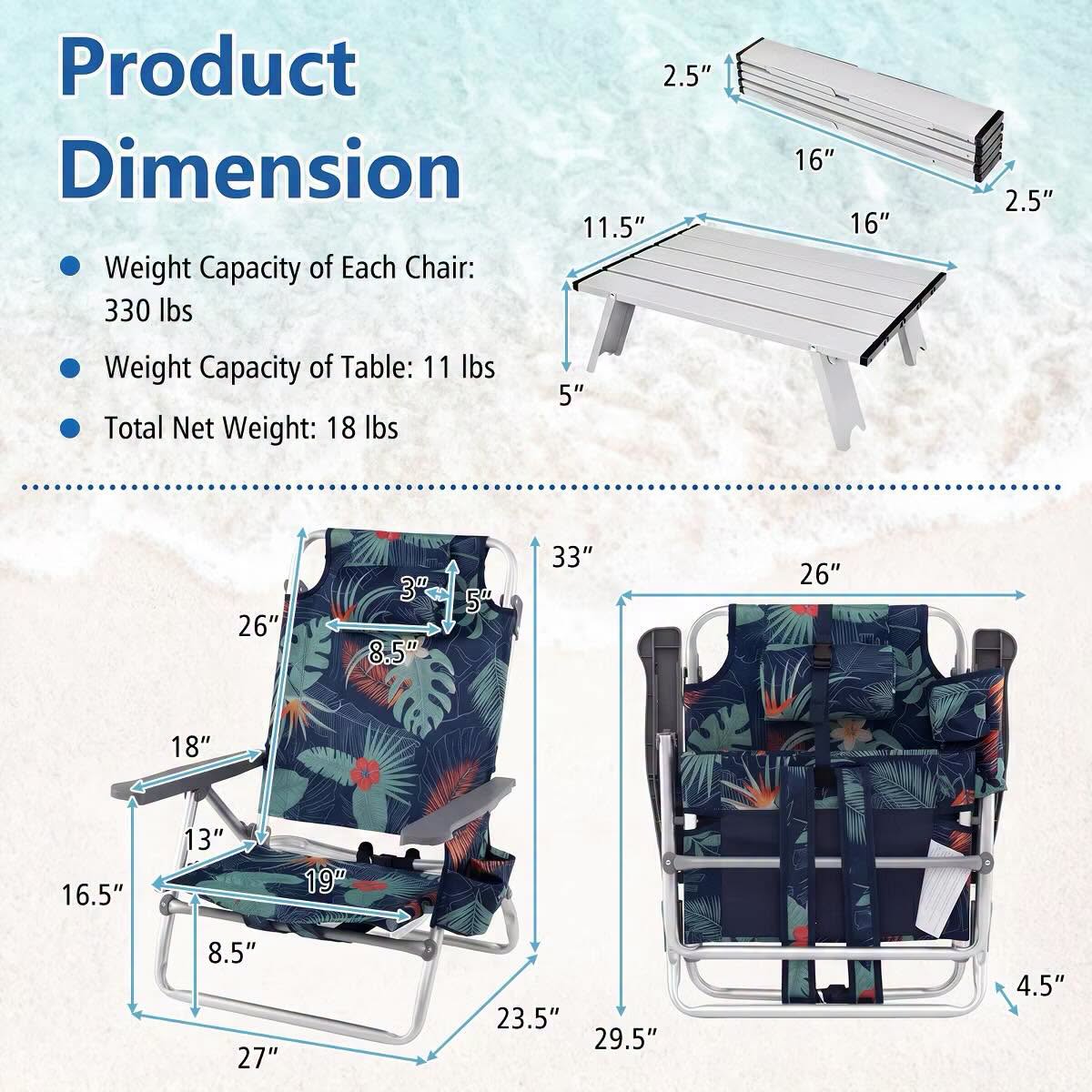Costway 3PCS Outdoor Camping Set with 5-Level Adjustable Backrest Storage Bag Towel Bar