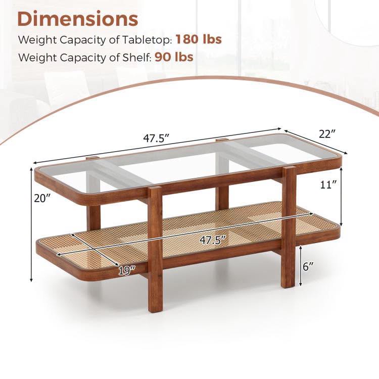 2-Tier Coffee Table with Storage and Tempered Glass Tabletop