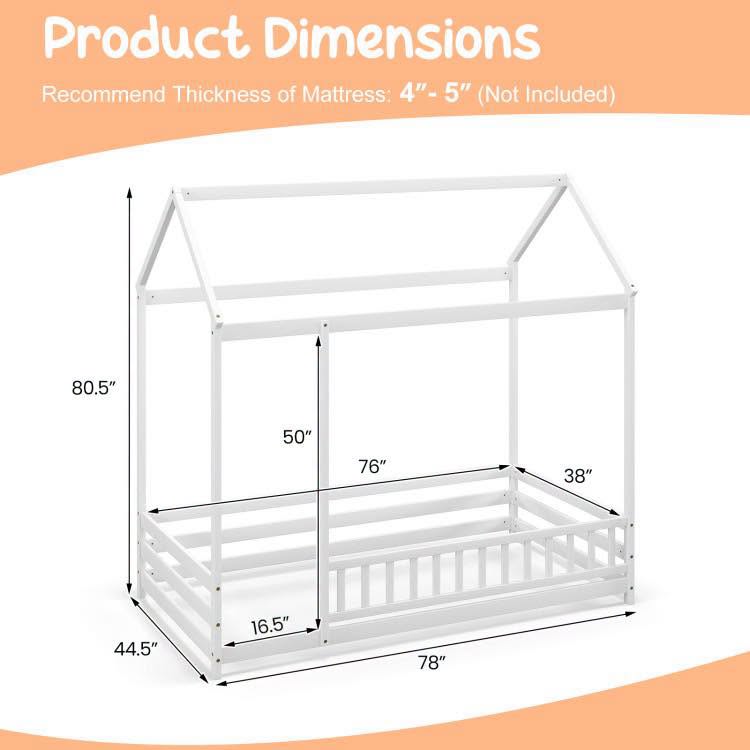 White Twin Adjustable House Bed with Roof and Full-length Safety Guardrail Playhouse Bed Frame