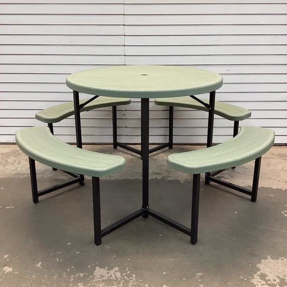 Costway Round Picnic Table Bench Set with 4 Benches Umbrella Hole All Weather Tabletop Green