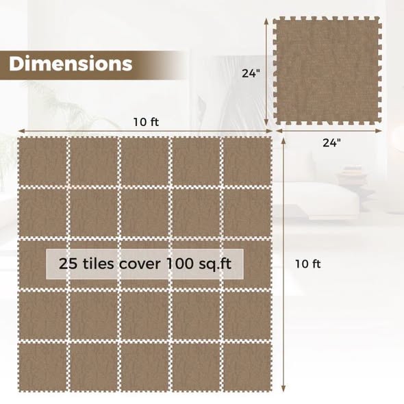25 Pack-100 Sq.Ft. Foam Floor Tiles Interlocking Carpet Tiles with Edge Borders