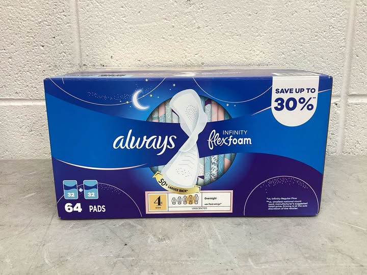 Always Infinity FlexFoam Overnight Pads with Wings, Unscented, Size 4, 64 ct.