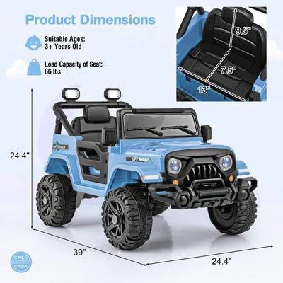 Costway 12V Kids Ride on Truck Car with Remote Control Threaded Wheels 3 Speeds LED Lights Blue