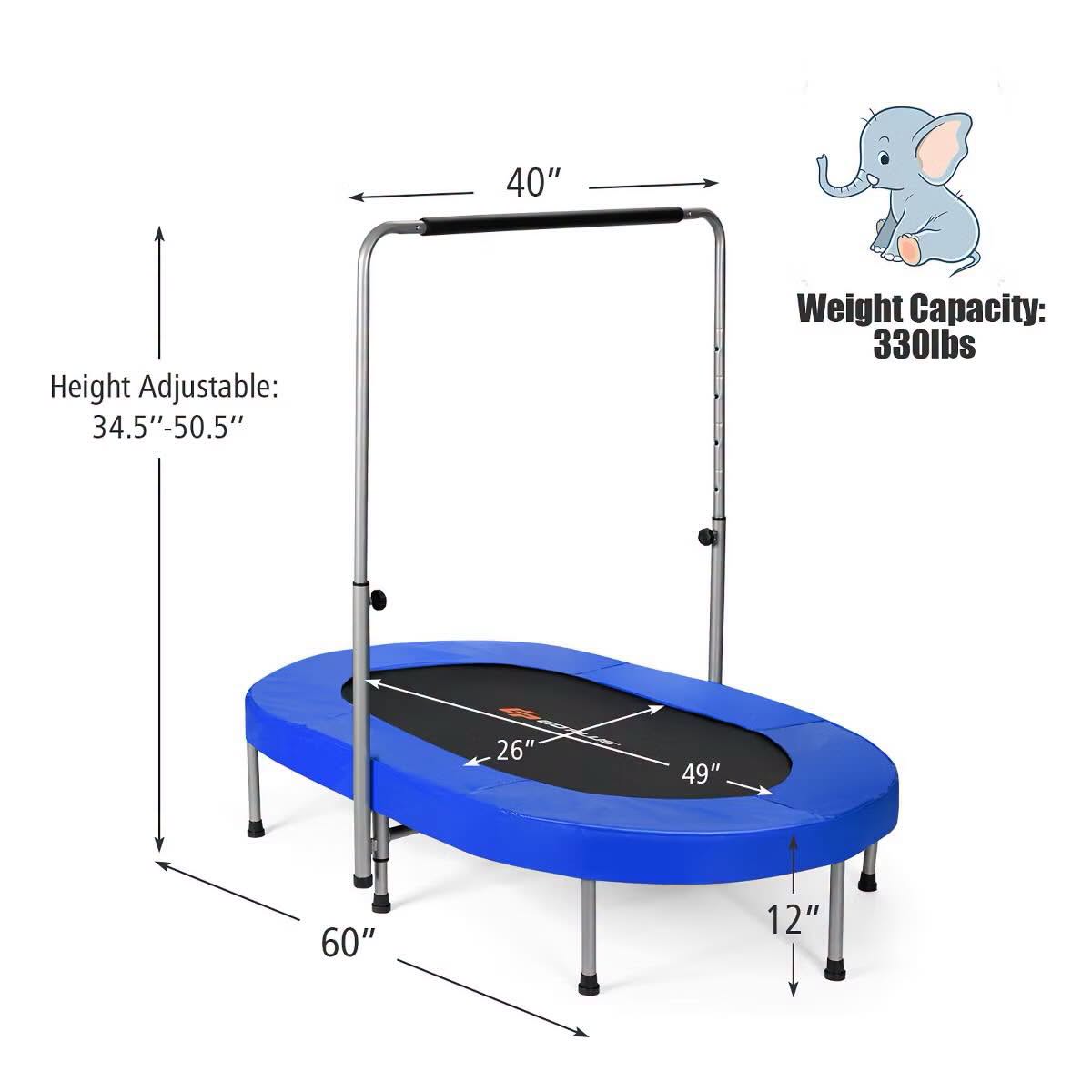 Costway Foldable Trampoline Double Mini Kids Fitness Rebounder with Adjustable Handle Blue