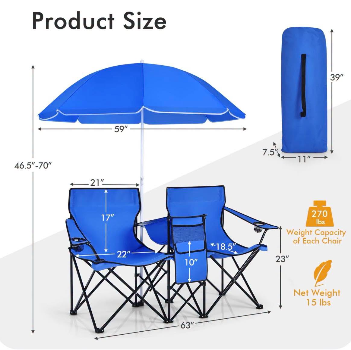 Costway Portable Camping Folding Picnic Double Chair W/Umbrella Table Cooler Beach Camping Chair