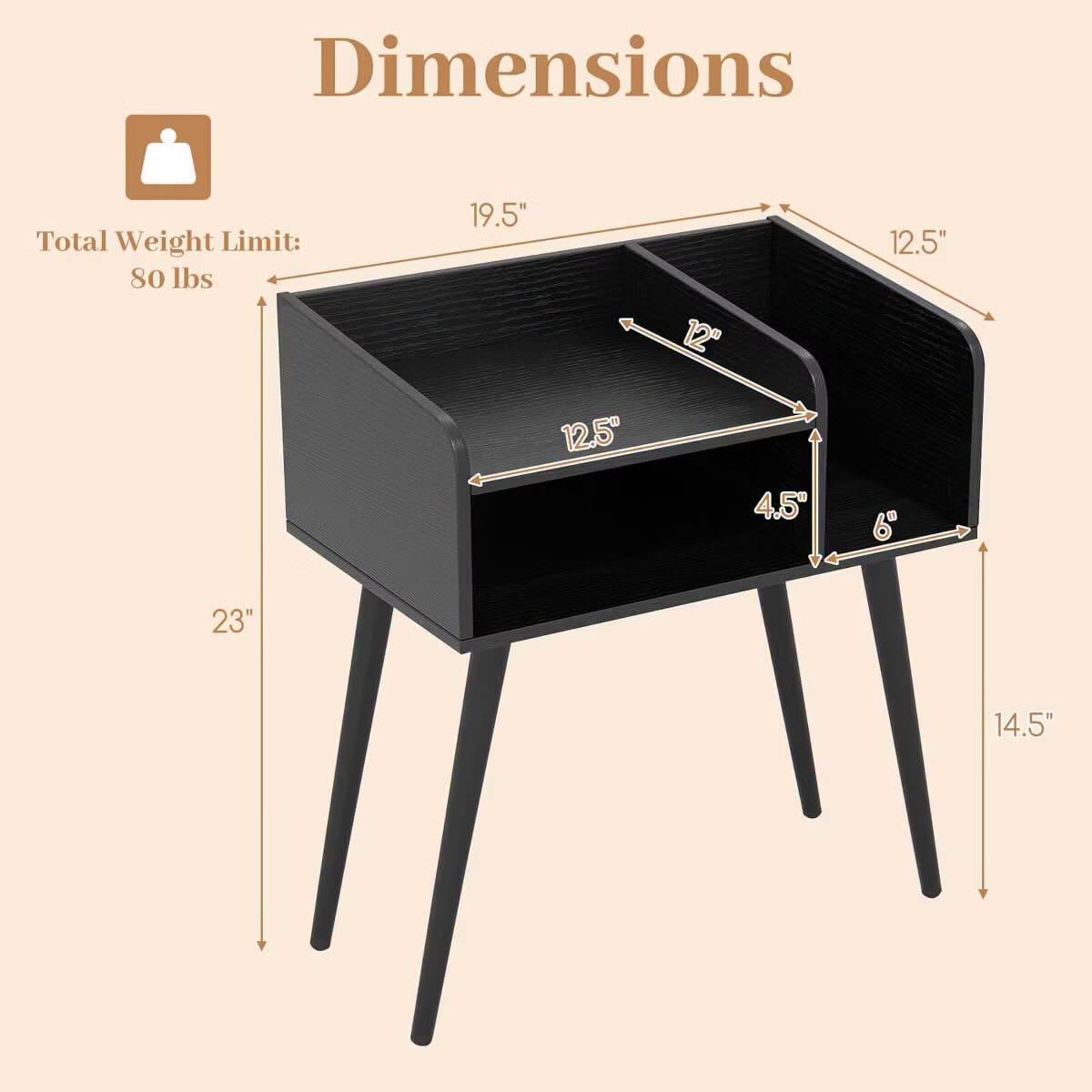 Costway Mid Century Modern End Table with Open Shelves Metal Support Legs
