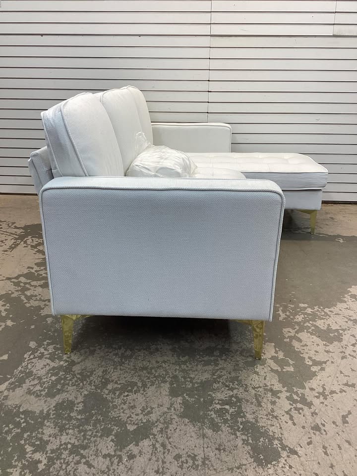 Modular Sectional Sofa with Chaise Lounge, Chenille 3-Seater Sofa with 2 Pillows and Golden Tripod Legs, 85" L-Shape Sectional Couch for Living Room, Apartment, White
