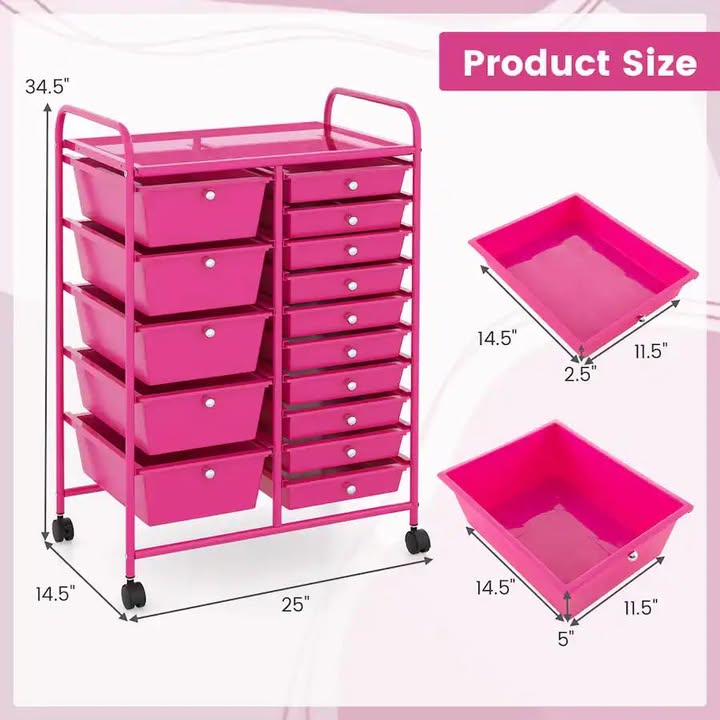 Costway - 15 Drawer Rolling Storage Cart Mobile Cart with Colorful Drawers & Metal Frame - Hot Pink