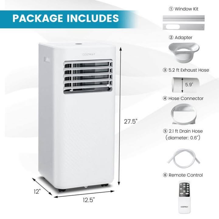 COSTWAY Portable Air Conditioner, 8000 BTU Air Conditioner with Fan & Dehumidifier, 24H Timer & Remote Control, Window Installation Kit, AC Unit Cools Rooms up to 250 Sq.Ft (8000 BTU)