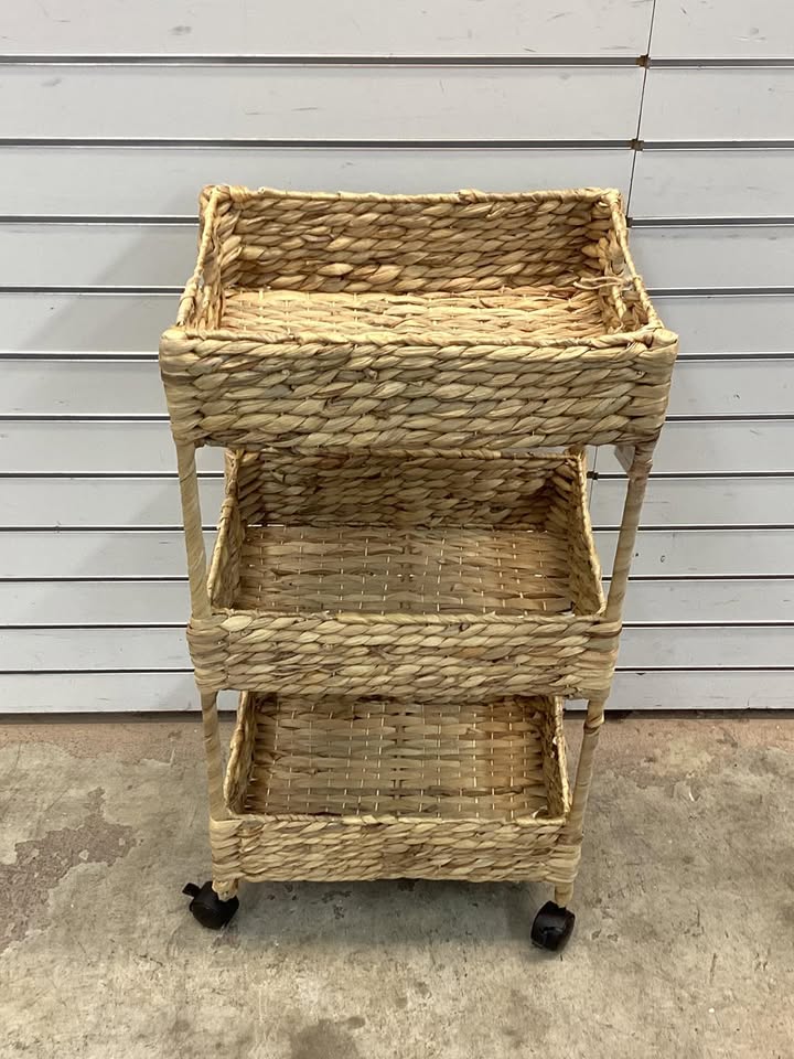 3-Tier Water Hyacinth Rolling Utility Cart w/ Weaved Baskets
