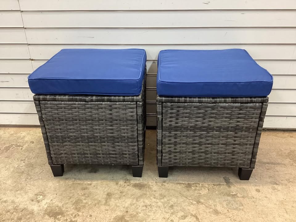 Patio Wicker Rattan Outdoor Ottoman with Removable Beige Cushions (2-Pack)