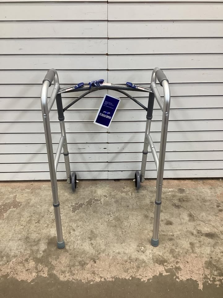 Foldable Lightweight Two-Button Walker with 5" Wheels & Ski Glides