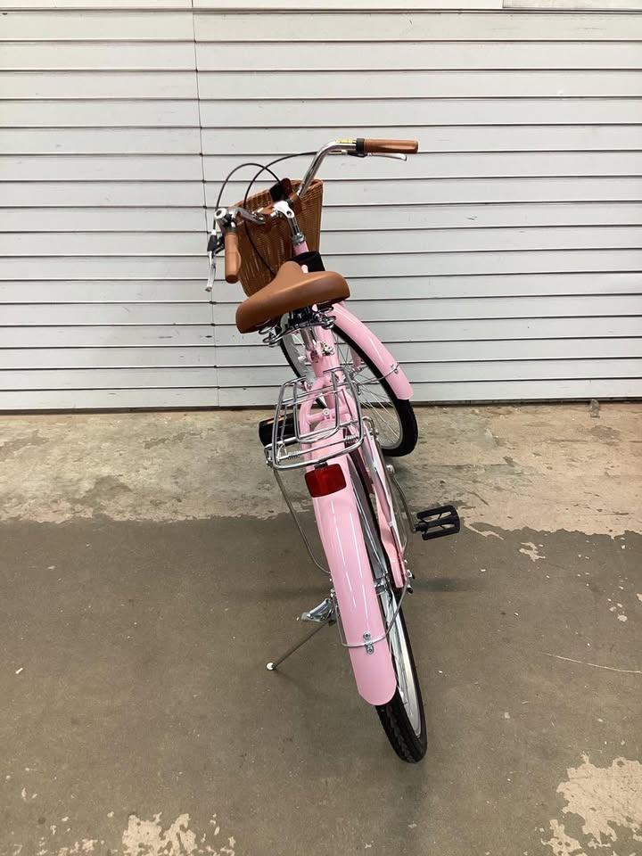 24 Inch Beach Cruiser Bike for Women with Woven Basket and Rear Rack - Pink
