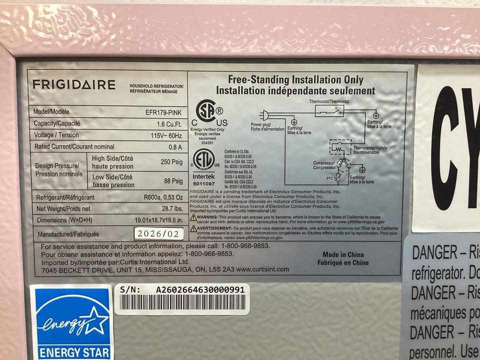 Frigidaire 1.6 cu ft Compact Retro Fridge with Freezer, Built-in Bottle Opener Pink