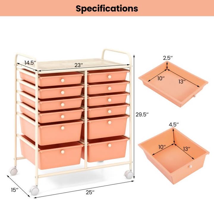 12-Drawer Rolling Storage Cart with Removable Drawers and Lockable Wheels