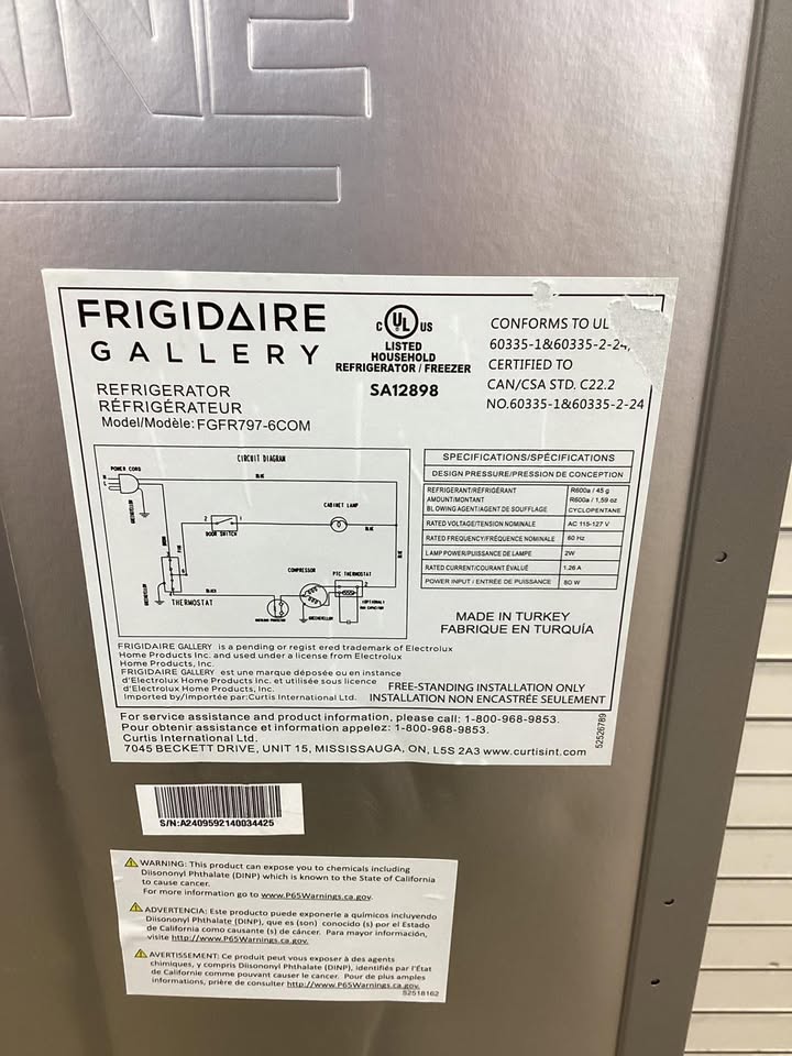 Lightly Used Frigidaire Gallery 7.5 Cu. Ft. Top Mount Fridge