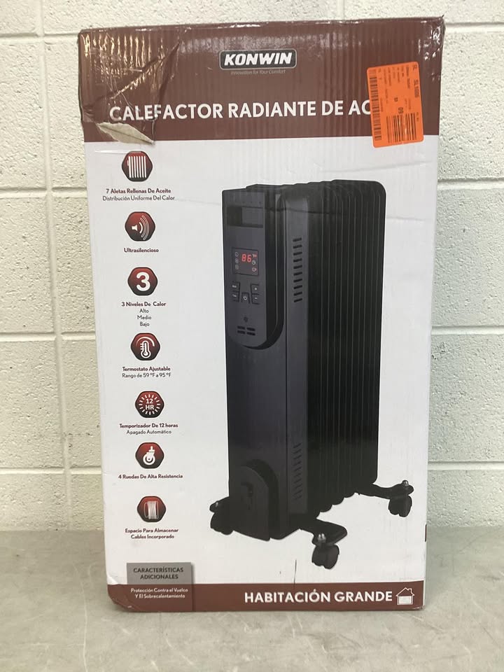 Konwin 1500-Watt Black Indoor Electric Oil-Filled Radiator Convection Radiant Space Heater with Remote Control for Living Space