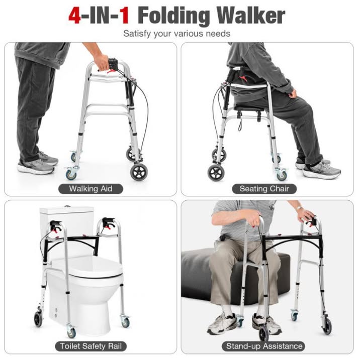 Costway Height Adjustable Aluminum Walker with Rolling Wheels and Brakes