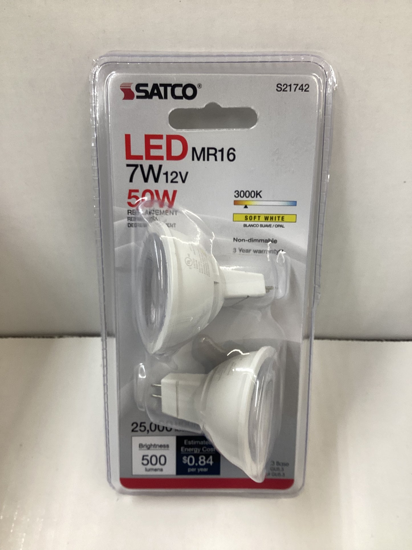 Satco 7 Watt MR16 LED - GU5.3 base - 3000K - 12 Volt - 40 deg. Beam Angle - 2-Card