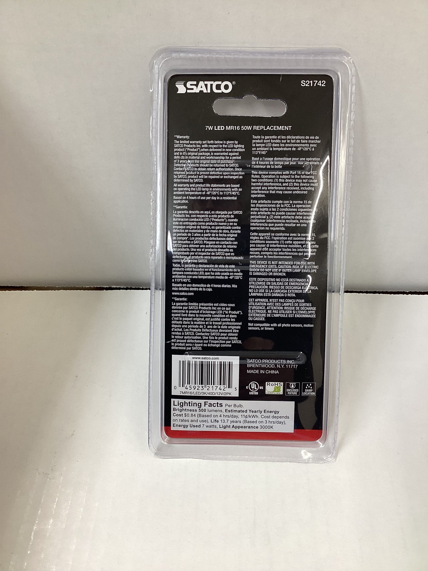 Satco 7 Watt MR16 LED - GU5.3 base - 3000K - 12 Volt - 40 deg. Beam Angle - 2-Card