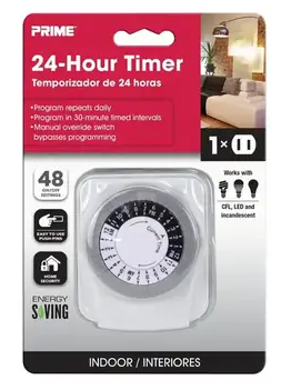 Prime TNI2412-RC 24-Hour Indoor Mechanical Timer, 125V, White – Energy-Saving Plug-In Outlet Timer