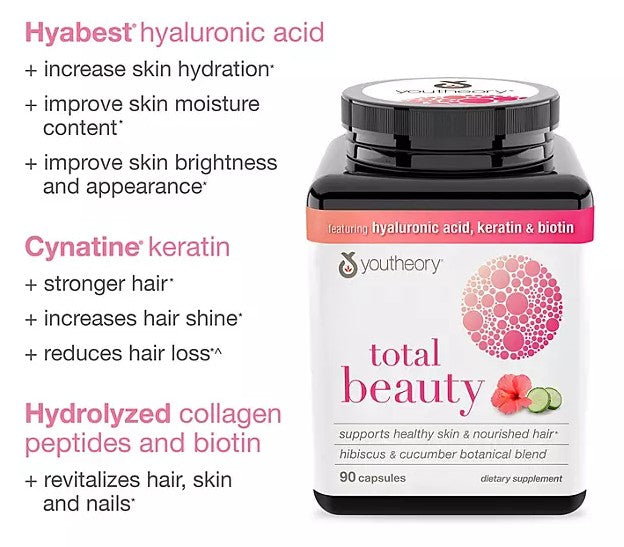 Youtheory Total Beauty Hyaluronic Acid, Keratin & Biotin Capsules 90 ct.