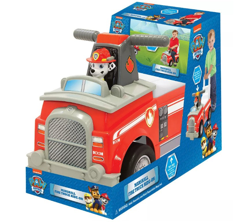Nick Jr. Paw Patrol Marshall Fire Truck Kids' Ride-On with Lights, Sounds, Storage and Walking Bar
