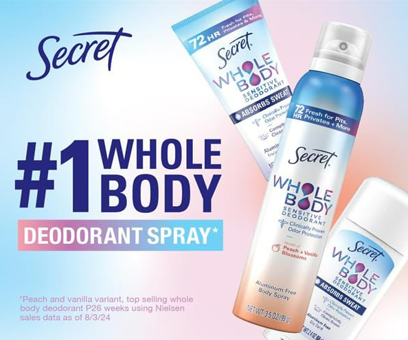Secret Whole Body Deodorant Spray for Women, Peach & Vanilla Scent, Aluminum Free Deodorant Spray, 72 HR Odor Protection, 3.5 oz