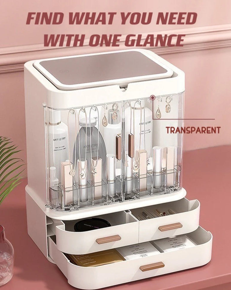 All-in-One Makeup Organizer with LED Mirror – Skincare, Cosmetic & Jewelry Storage Box with Drawers & Adjustable Light