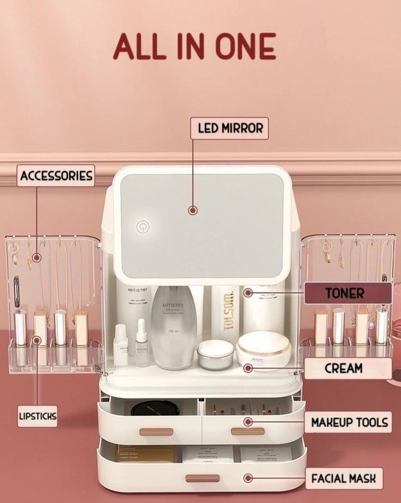 All-in-One Makeup Organizer with LED Mirror – Skincare, Cosmetic & Jewelry Storage Box with Drawers & Adjustable Light