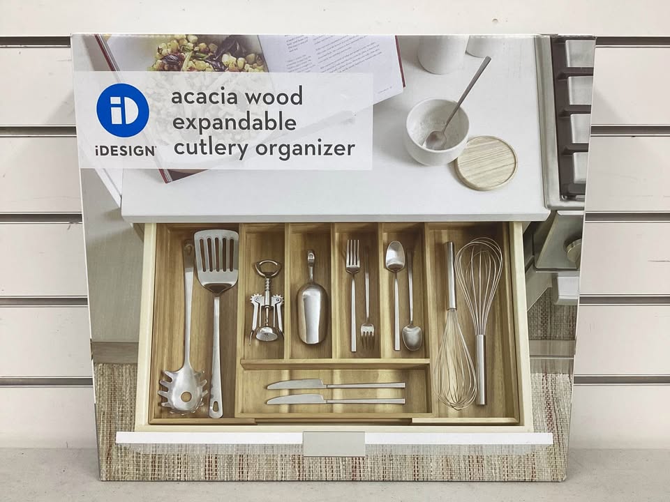 iDesign Expandable Acacia Wood Cutlery Drawer Organizer
