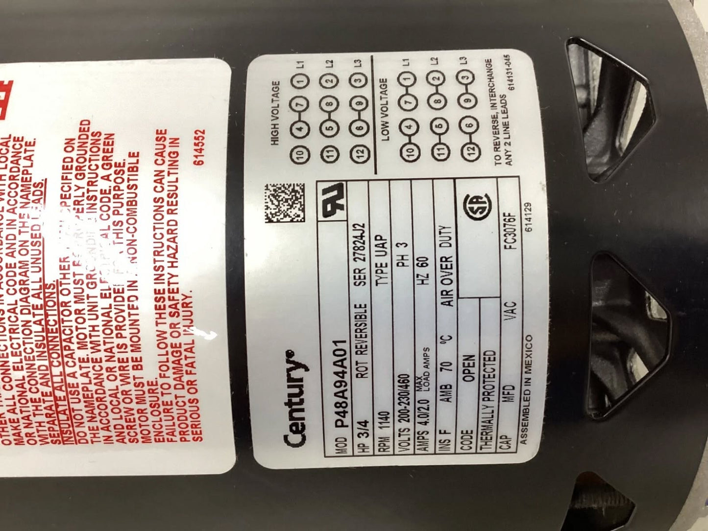 CENTURY FC3076F Condenser Fan Motor: Band Mount, Open Air-Over, 3/4 HP