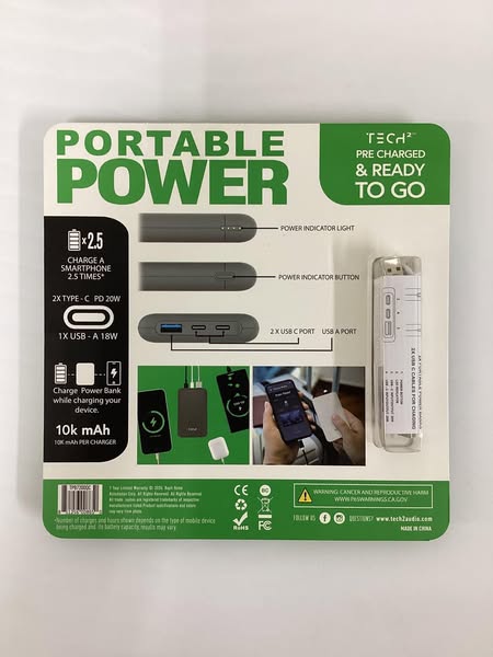 Tech Squared 10K mAh Power Bank with USB-C PD 20W and USB-A, 2 pk.