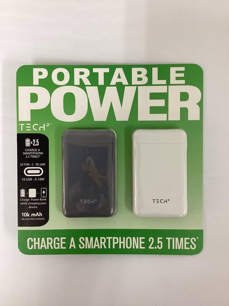 Tech Squared 10K mAh Power Bank with USB-C PD 20W and USB-A, 2 pk.