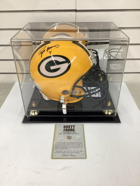 Authentic Favre Autographed Full Size Riddell Green Bay Packers Helmet with COA and Display Case