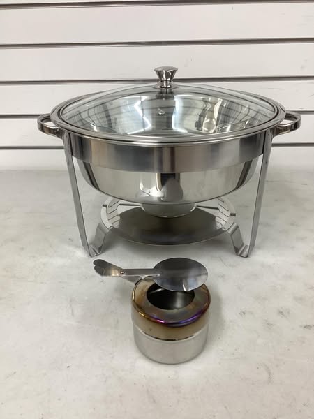 5 qt Stainless Steel Round Chafing Dish Buffet Set for Catering with Glass Lid & Lid Holder - Lightly Used