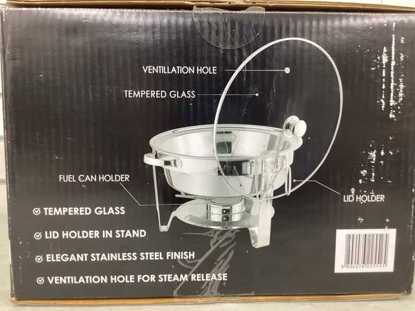 5 qt Stainless Steel Round Chafing Dish Buffet Set for Catering with Glass Lid & Lid Holder - Lightly Used