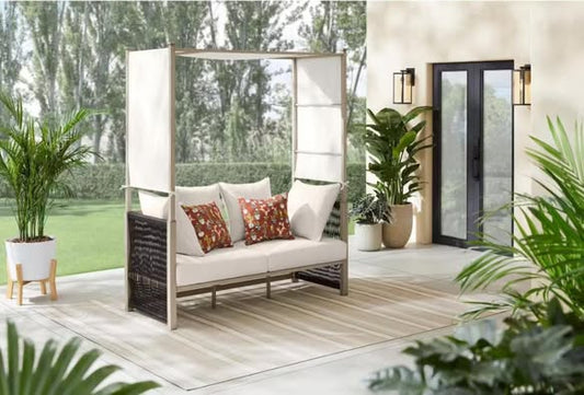 Hampton Bay Ballincourt Brown Metal Outdoor Day Bed with CushionGuard Almond Biscotti Cushions