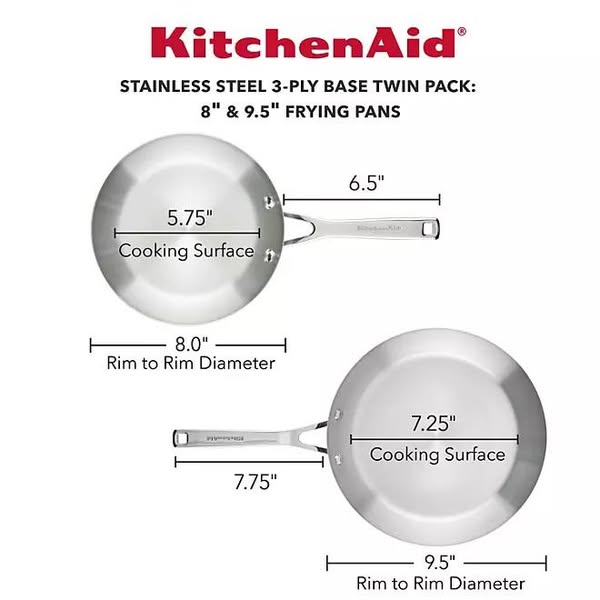 KitchenAid 3 Ply Base Stainless Steel Cookware Induction 2-Piece Fry Pans Set, Brushed Stainless Steel