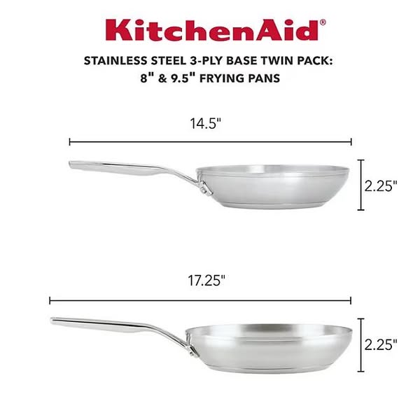 KitchenAid 3 Ply Base Stainless Steel Cookware Induction 2-Piece Fry Pans Set, Brushed Stainless Steel