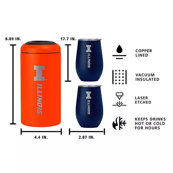 NCAA Stainless Steel Wine Chiller and Tumbler Set -Illinois Fighting Illini