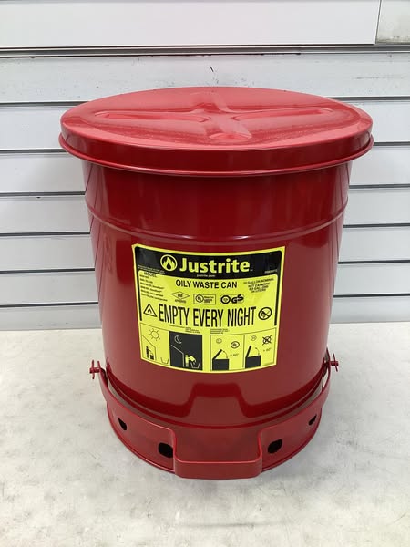 Justrite 10 Gallon, Oily Waste Can, Hands-Free, Self-Closing Cover Lightly Used