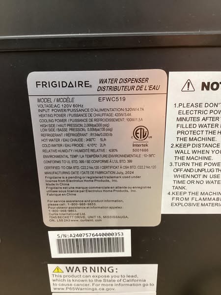 Frigidaire Water Cooler/Dispenser in Stainless Steel