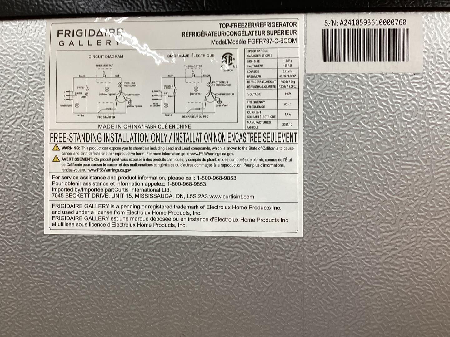 Frigidaire Gallery 7.5 Cu. Ft. Top Mount Fridge