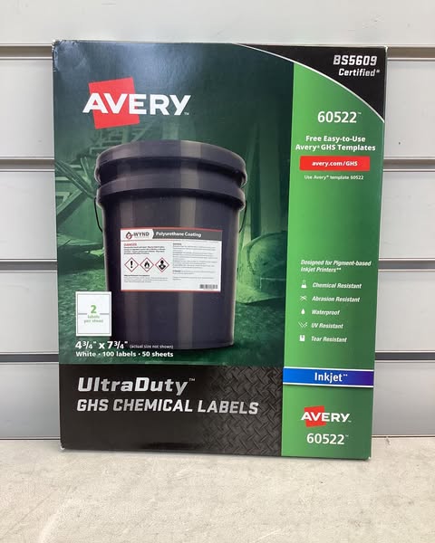 Avery UltraDuty GHS Chemical Waterproof and UV Resistant Labels, 4.75 x 7.75, White, 2/Sheet, 50 Sheets/Pack